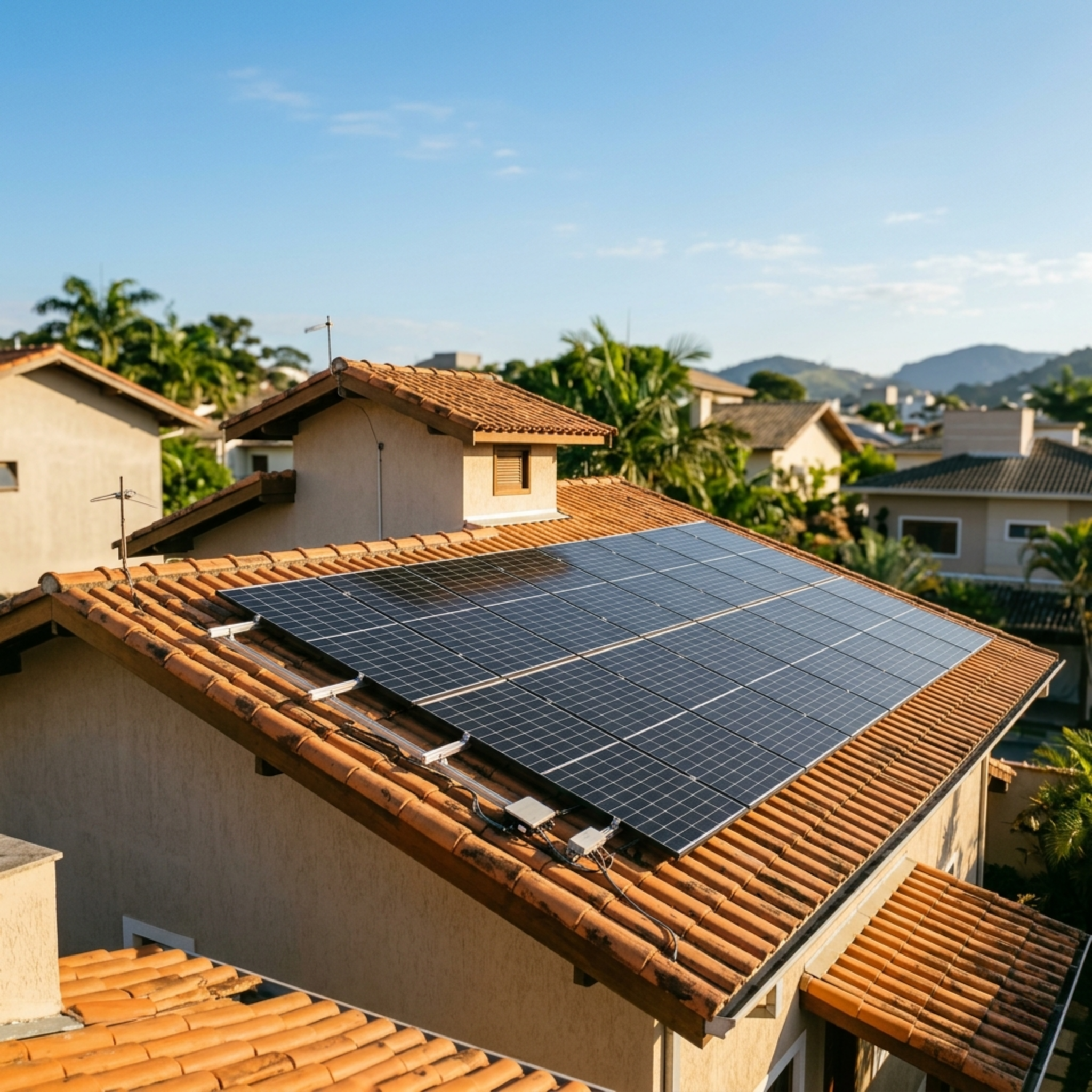Telhado residencial com painéis solares instalados