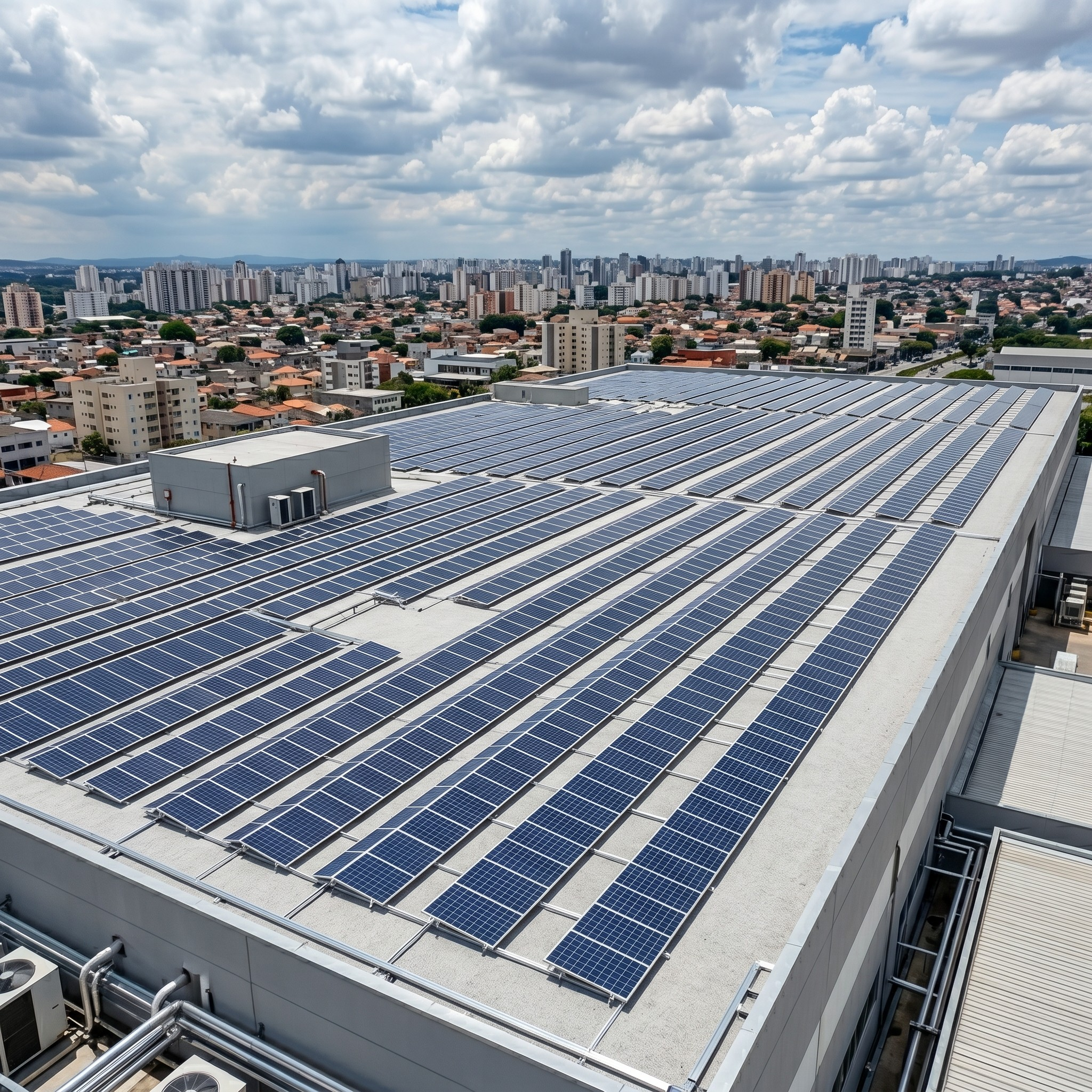 Painéis solares instalados em telhado de galpão comercial
