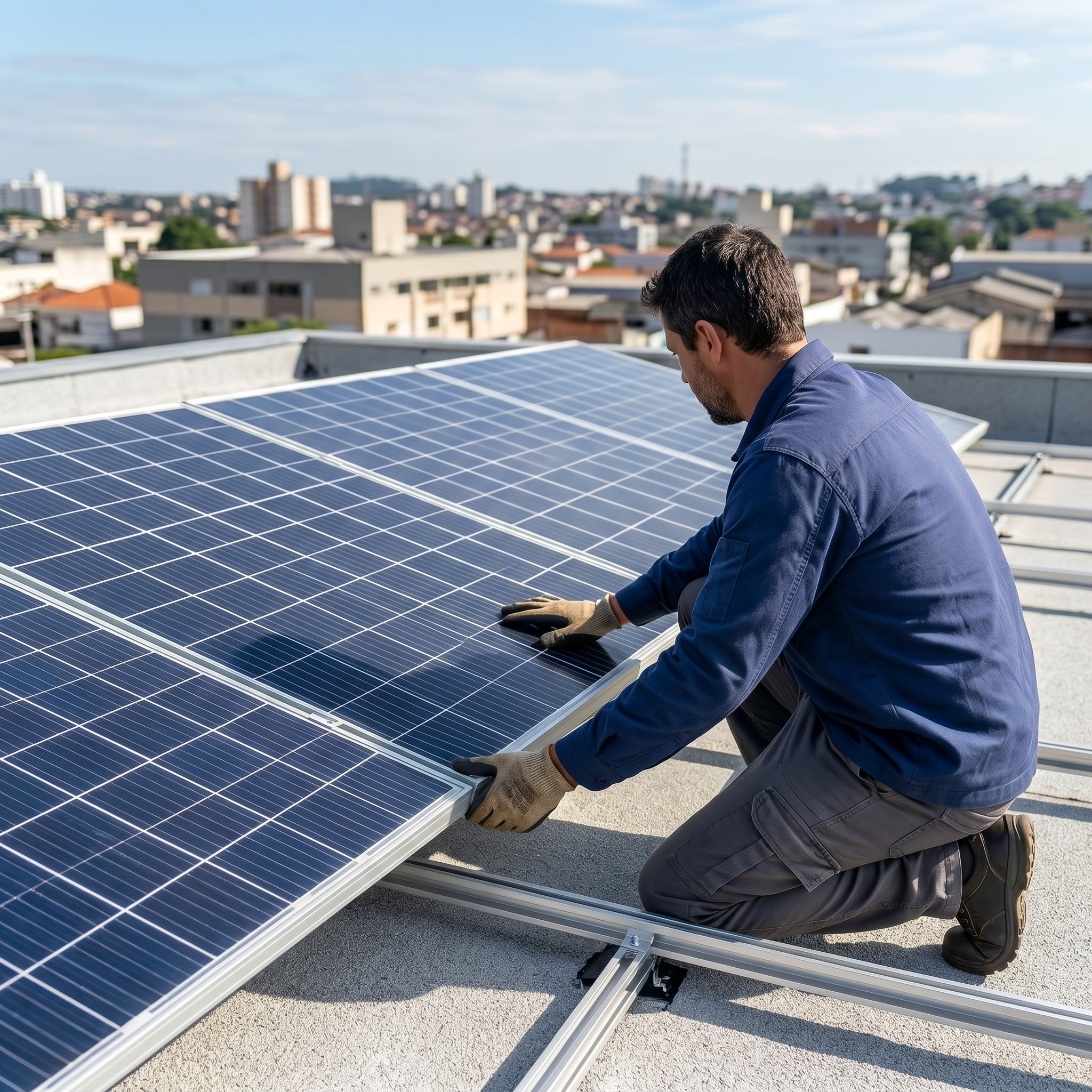 Técnico realizando manutenção em painel solar