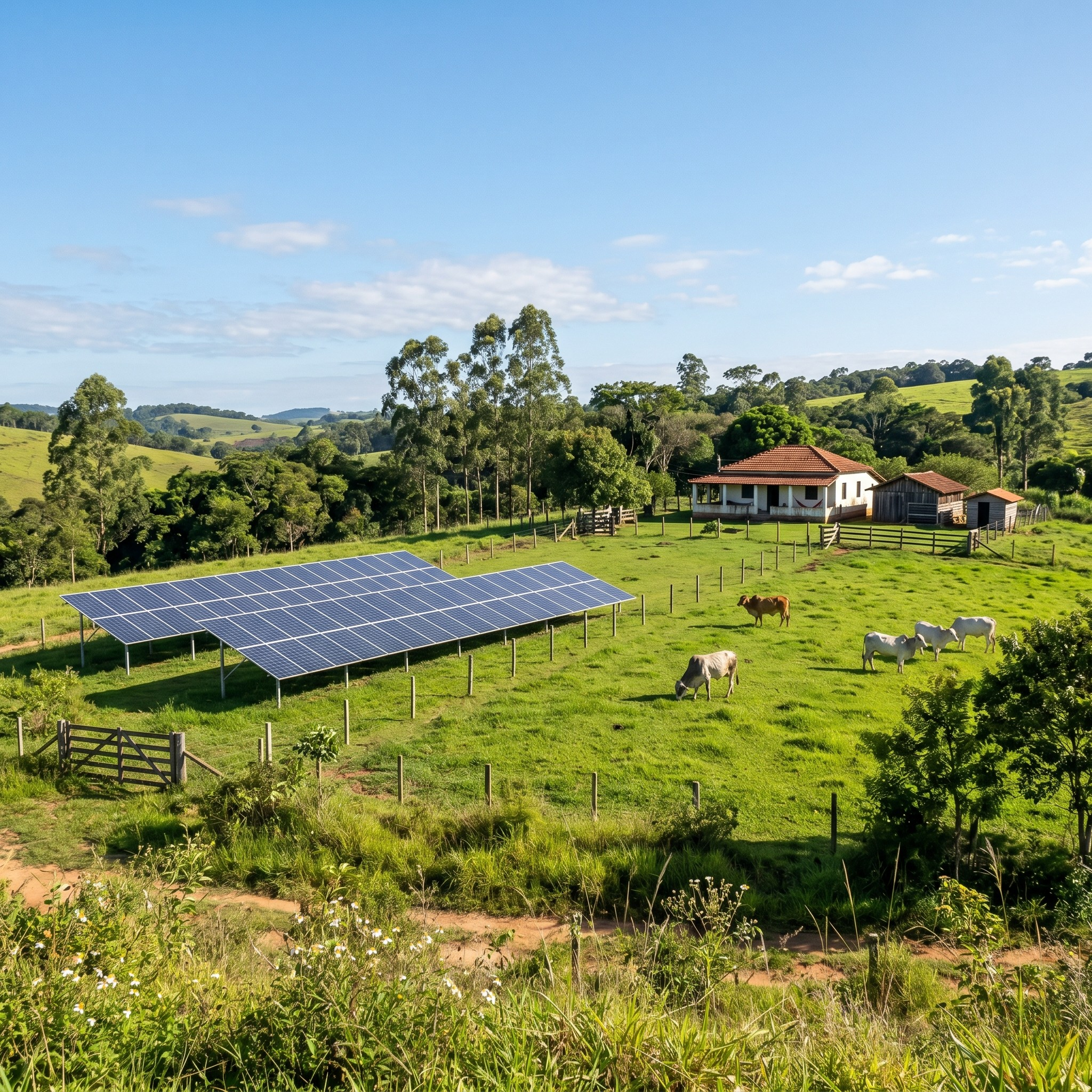 Painéis solares instalados em propriedade rural